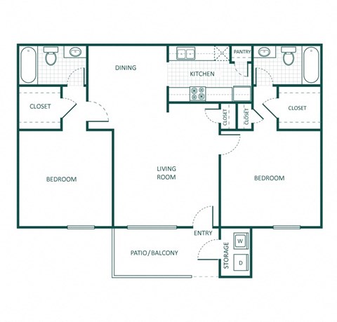 D floor plan, 922sqft, 2 bed, 2 bath, at Bear Creek Crossing apartments in Houston, TX